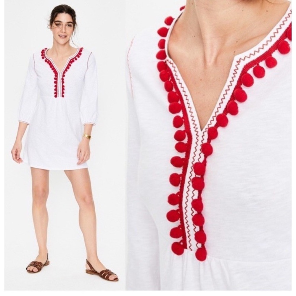 Boden Carina Jersey Mini‎ Tunic Dress 8R Red Pom Pom Coverup White NEW